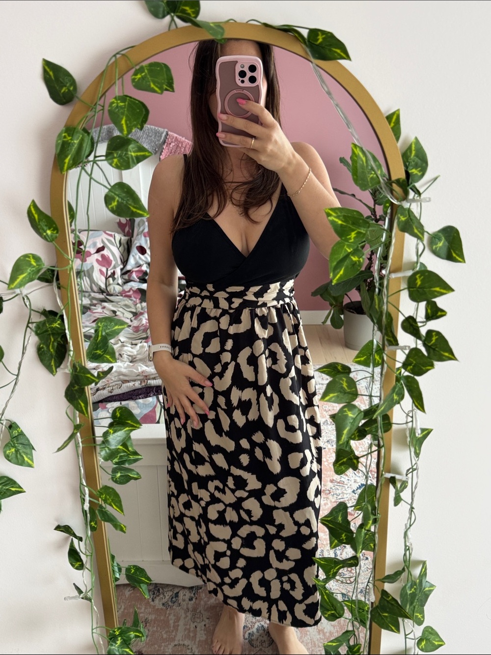 Black Wrap-Top Midi Dress with Beige Leopard Print Skirt
